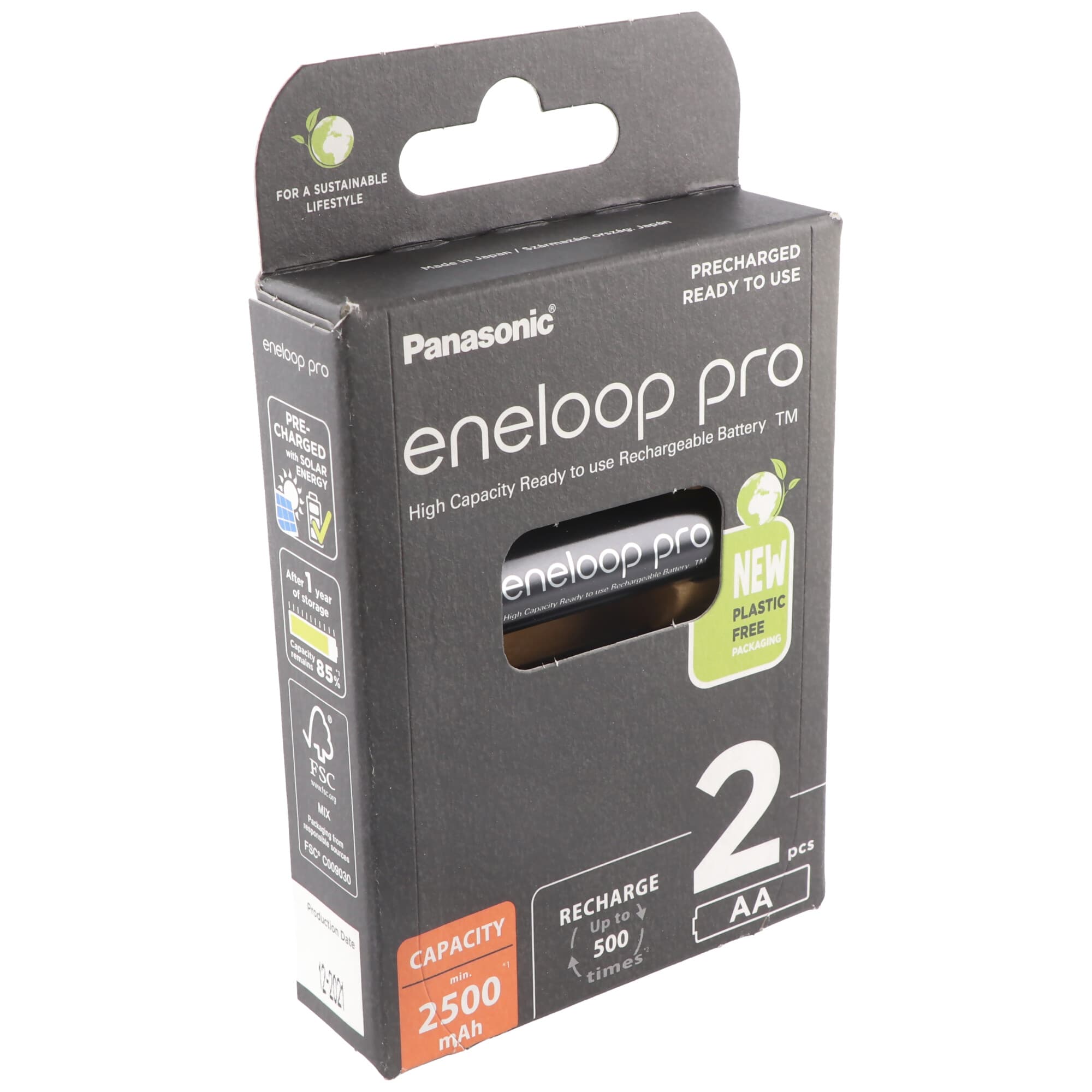 Panasonic eneloop pro, préchargé, blister de vente au détail 2 piles rechargeables BK-3HCDE/2BE NiMH, Mignon, AA, HR06, 1,2 V et 2500 mAh