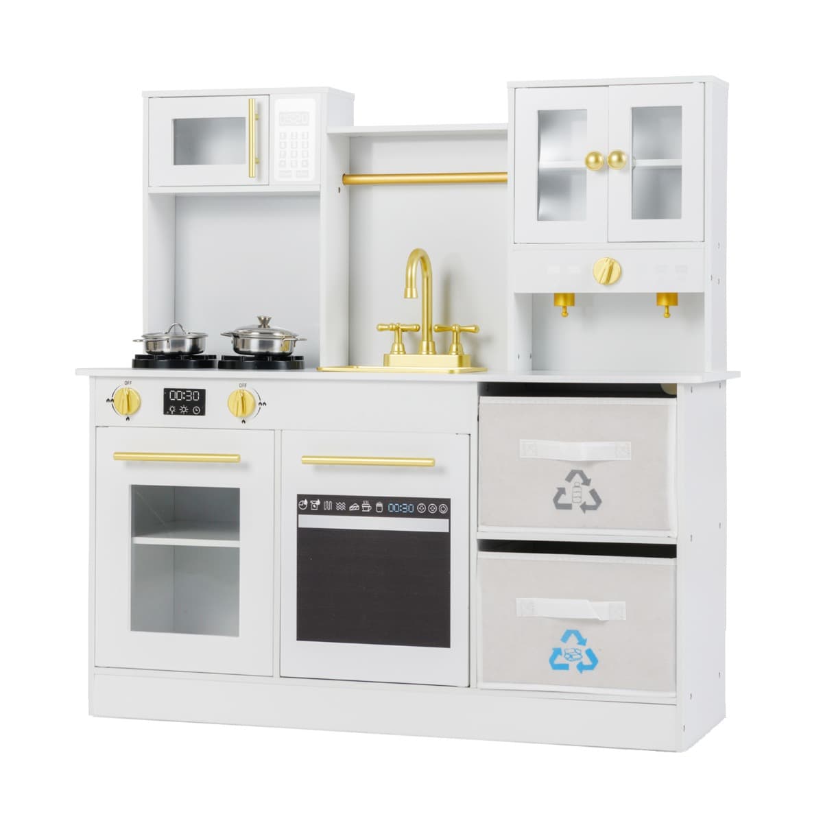 CostwayEnsemble de Cuisine pour Enfants avec Cuisinières avec Sons et Lumières Machine à Café Robinet & Batterie de Cuisine pour 3+ Ans Blanc