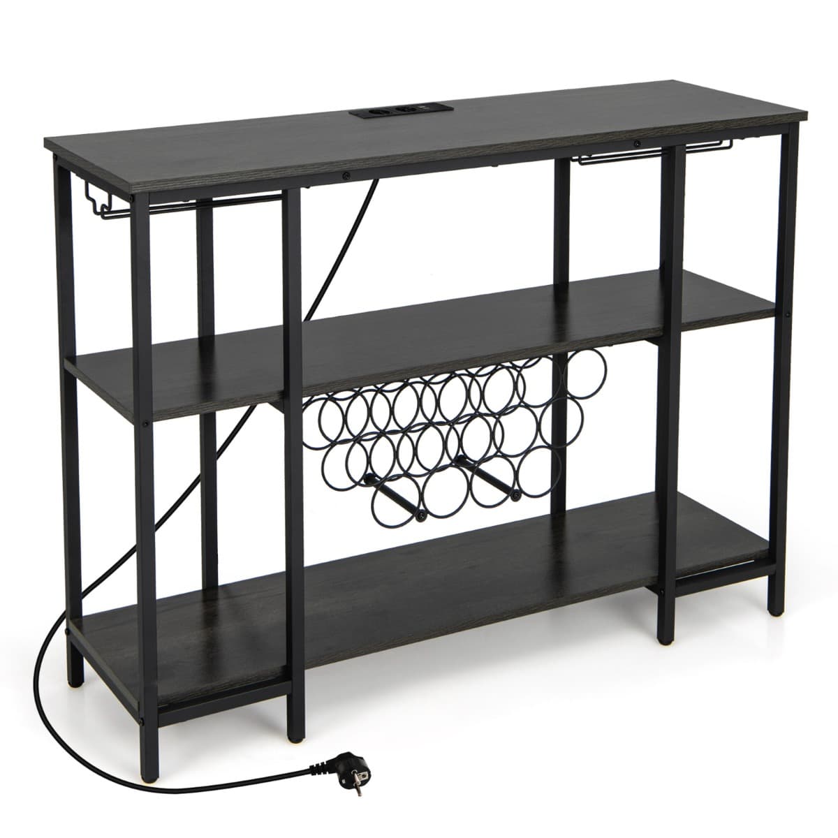 CostwayCasier à Vin de Style Industriel avec 1 Comptoir et 2 Étagères de Rangement Porte-verre Casiers à Bouteilles Prises De Courant Étagère Gris