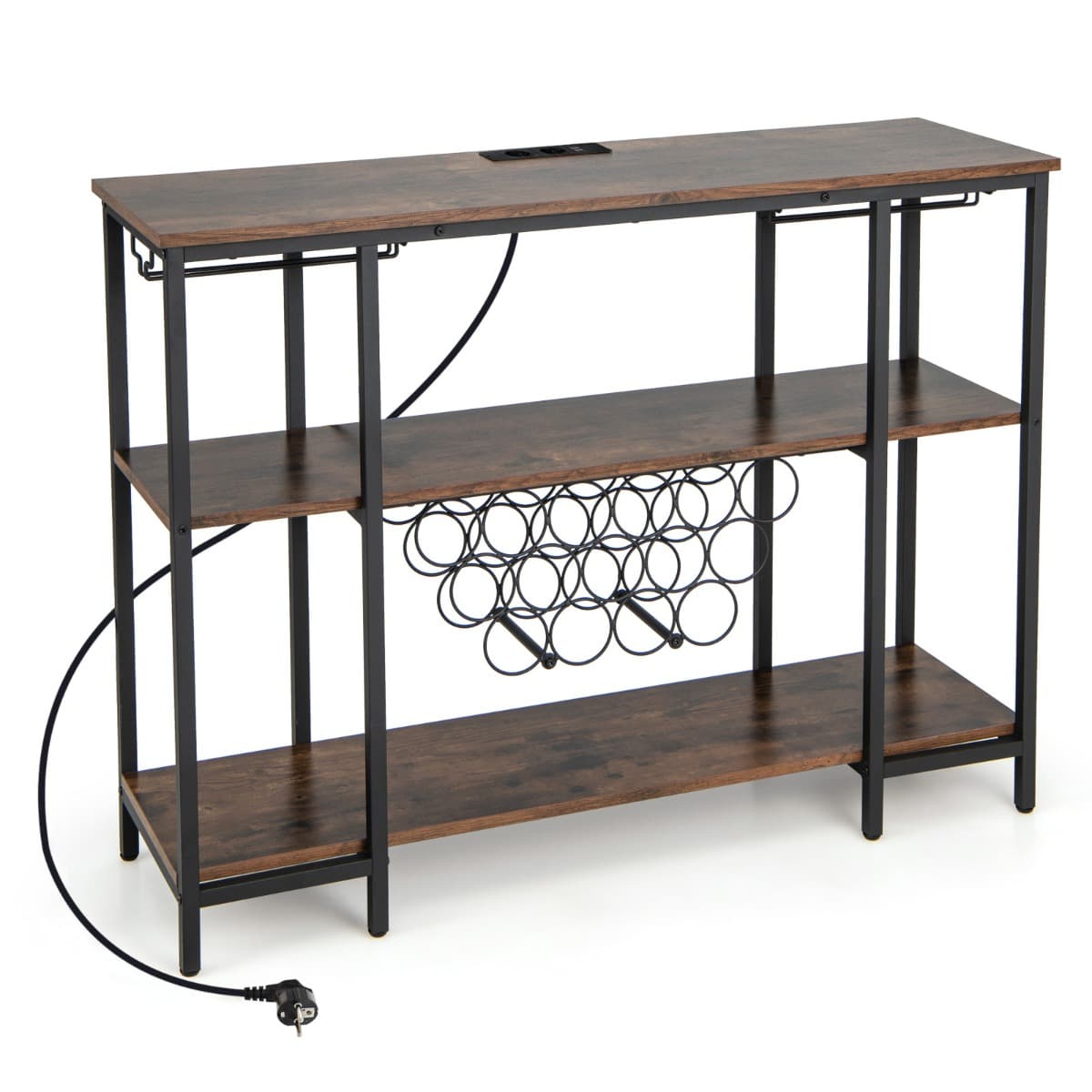 CostwayCasier à Vin de Style Industriel avec 1 Comptoir et 2 Étagères de Rangement Porte-verre Casiers à Bouteilles Prises De Courant Étagère Café