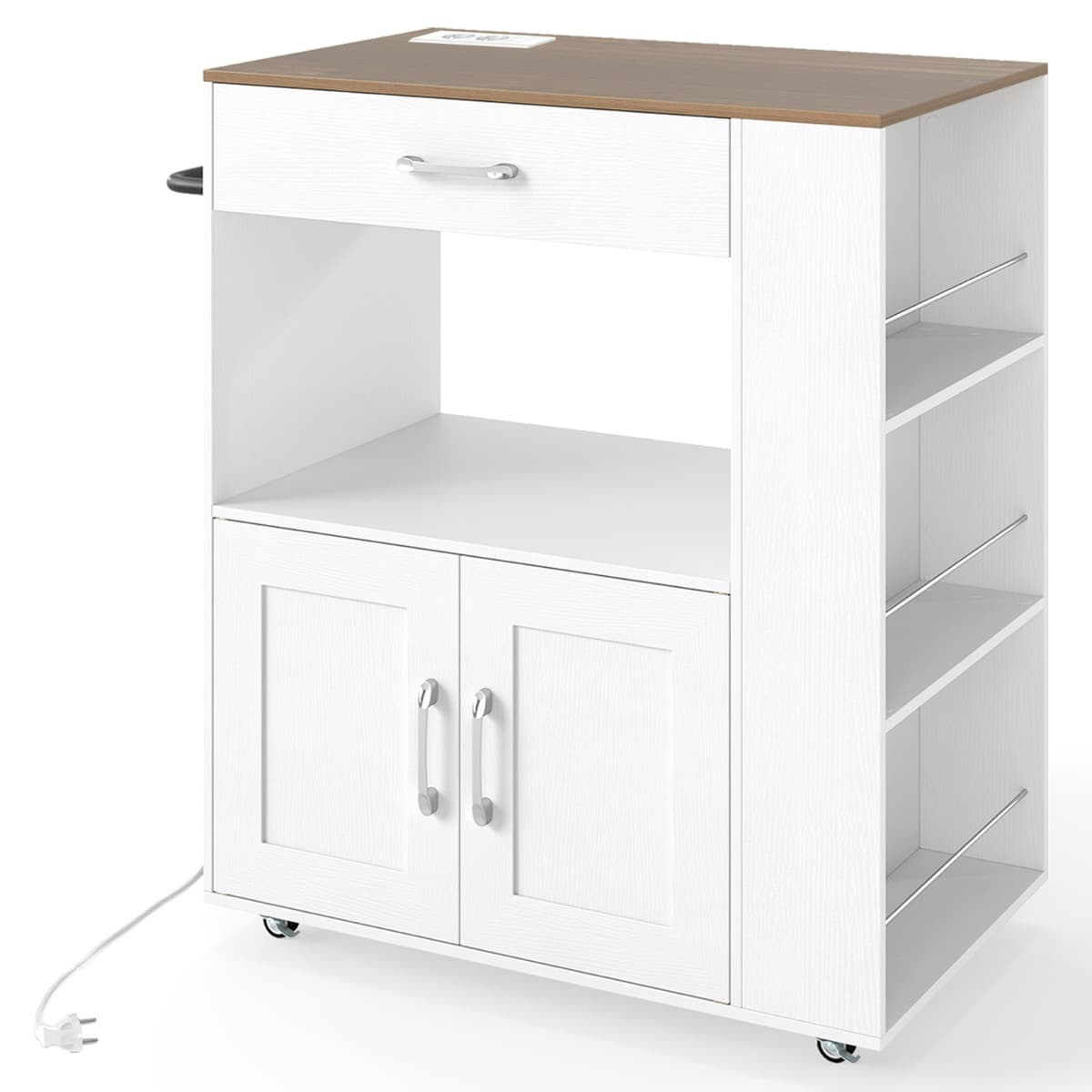 Îlot de Cuisine Chariot de Cuisine Mobile avec Prise & Roues Verrouillables Cube Ouvert Étagères Tir