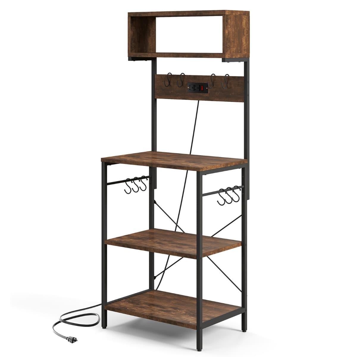 CostwayÉtagère de Cuisine Support pour Micro-ondes de 153 cm Etagères Ouvertes 10 Crochets de Suspension Marron Rustique