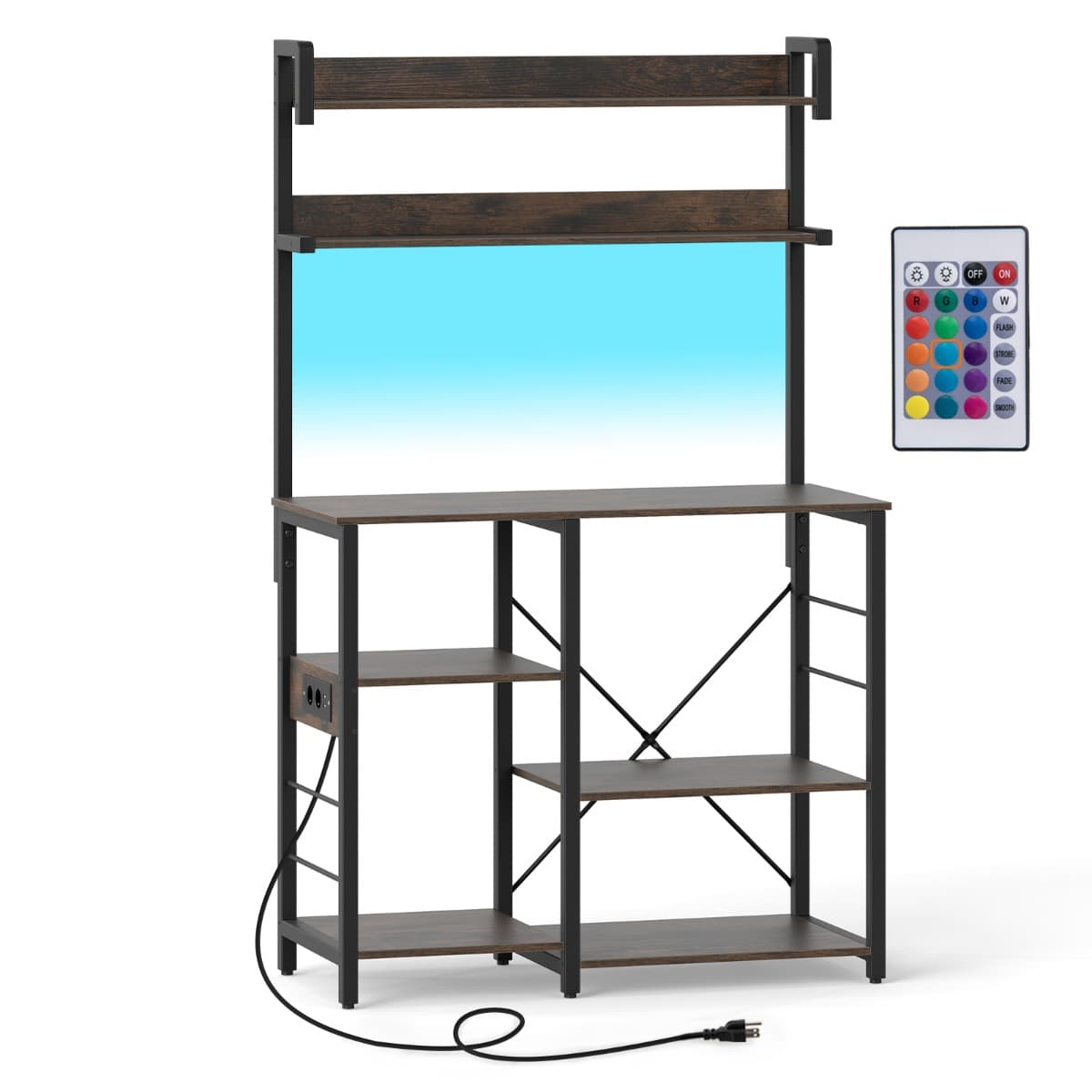 CostwayÉtagère de Cuisine avec Prise de Courant Meuble Micro-Ondes à 5 Niveaux avec Éclairage LED Étagères de Rangement Station de Café