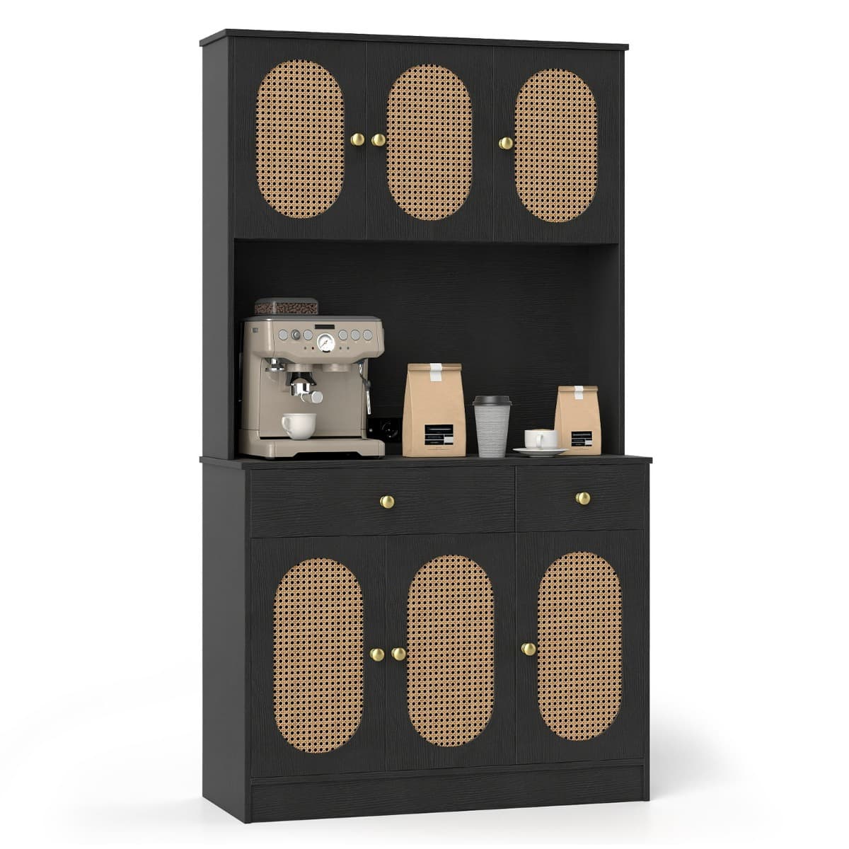 Armoire de Rangement Buffet avec Vitrine Station de Recharge 6 Portes en Rotin 2 Tiroirs 4 Étagères