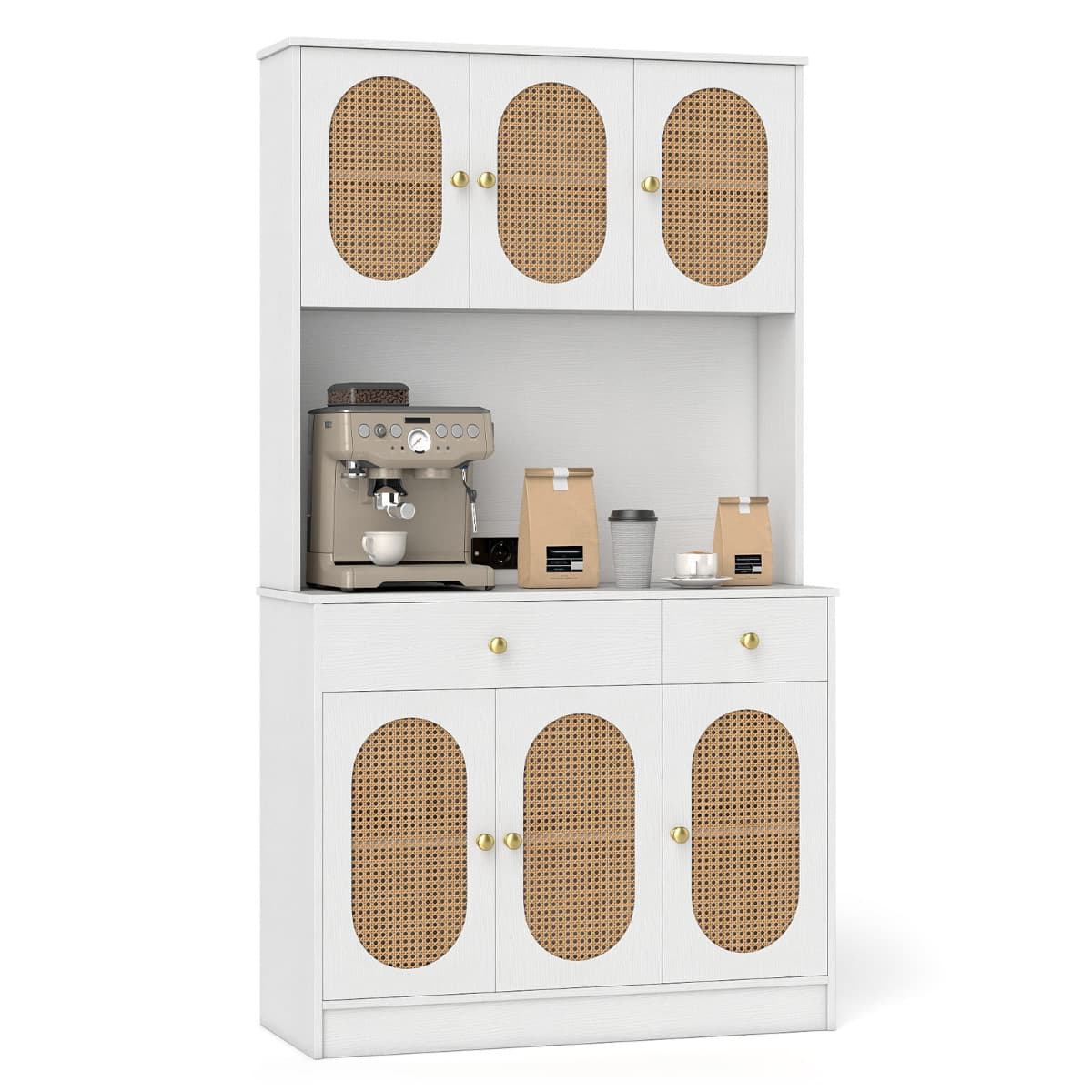 Armoire de Rangement Buffet avec Vitrine Station de Recharge 6 Portes en Rotin 2 Tiroirs 4 Étagères