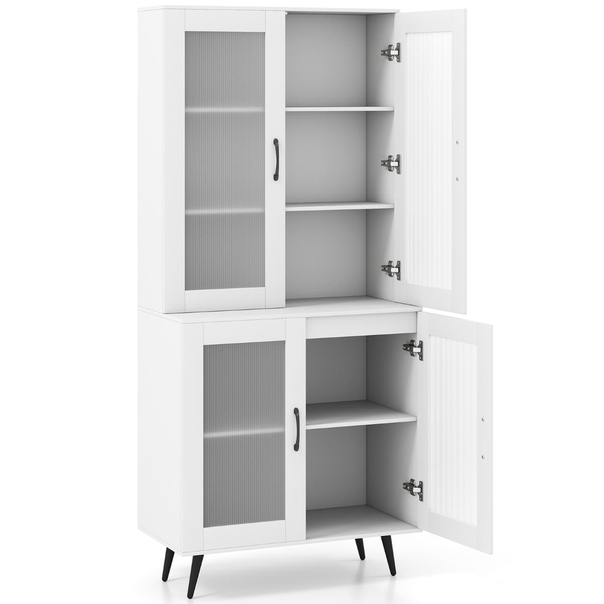 CostwayBuffet de 178,5cm de Haut avec 4 Portes Transparentes Étagère Réglable Buffet Indépendant avec Pieds en Métal Blanc