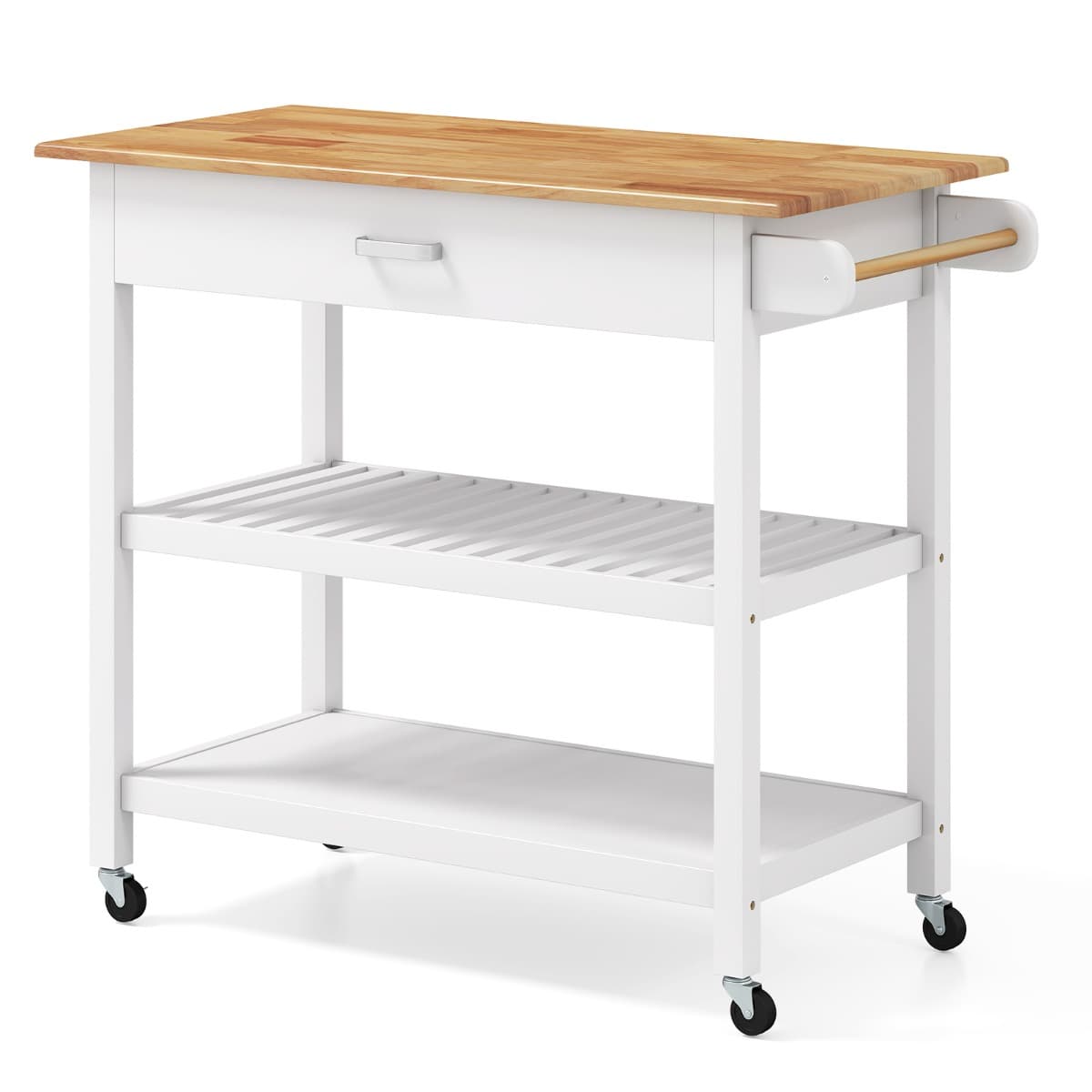 Chariot Utilitaire à Roulettes à 3 Niveaux avec Plan de Travail en Bois Tiroir 2 Étagères Ouvertes e