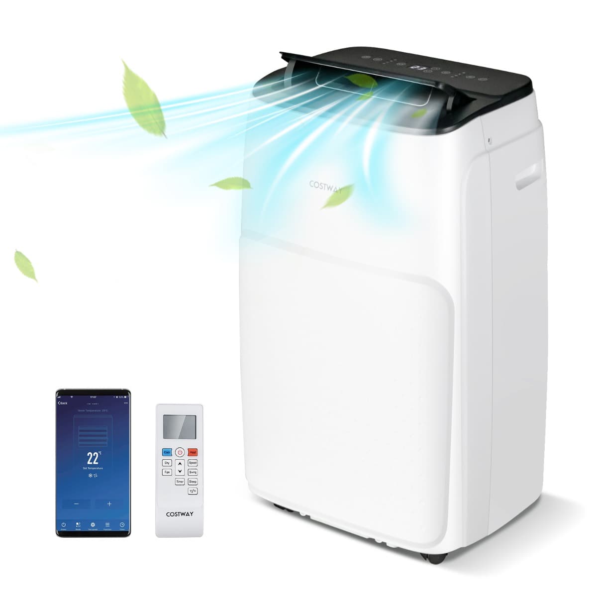 CostwayClimatiseur Mobile 4 en 1 Silencieux 12000 BTU avec Ventilateur Déshumidificateur Rafraîchisseur Chauffage Mode Veille Classe A