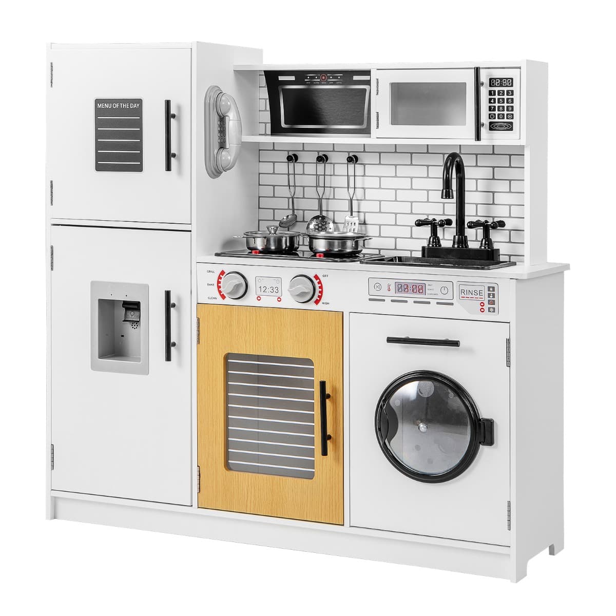 CostwayEnsemble de Cuisine pour Enfants avec Four Machine à Laver Micro-ondes Distributeur d'Eau Téléphone Sons et Lumières pour 3 Ans+ Blanc