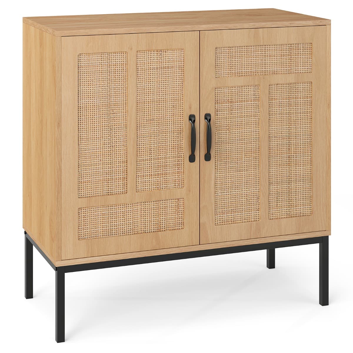 Meuble de Rangement en Rotin Meuble D'appoint Bohème à Motif Asymétrique Buffet à 2 Portes avec Étag