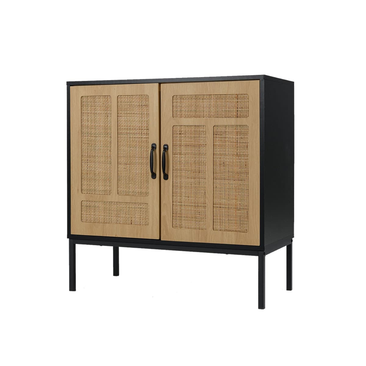 CostwayMeuble de Rangement en Rotin Meuble D'appoint Bohème à Motif Asymétrique Buffet à 2 Portes avec Étagère Réglable à 3 Positions Noir