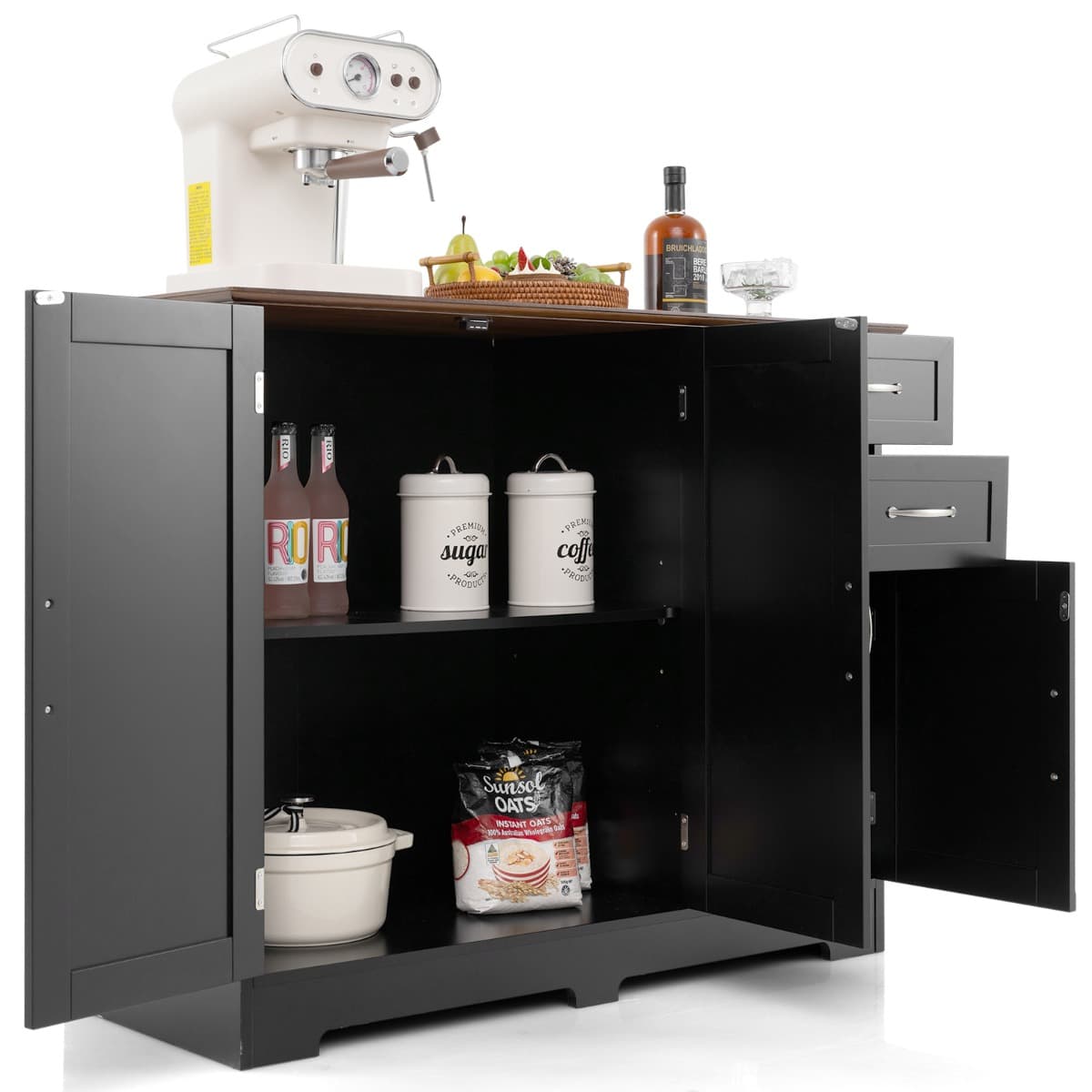 CostwayBuffet Cuisine Meuble Bas Cuisine 2 Placards 2 Tiroirs Étagère Réglable Buffet Salle à Manger pour Cuisine Salon Blanc 100x40x78cm Noir