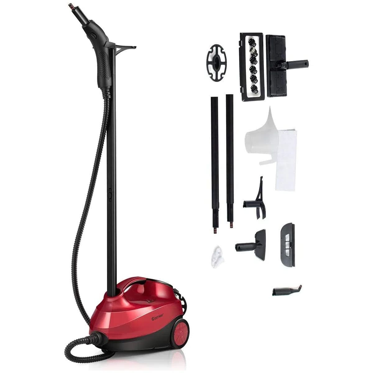 CostwayNettoyeur Vapeur Polyvalent avec 19 Accessoires Sans Produit Chimique Balai Vapeur de 2000W 4 Bars avec Réservoir de 1,5 L Rouge