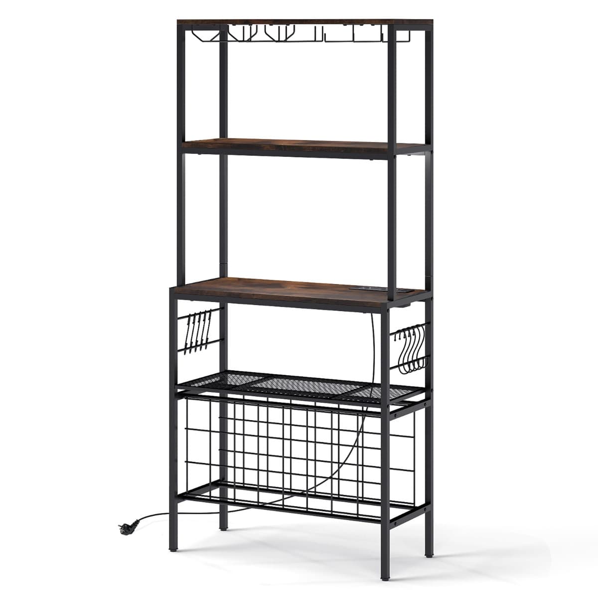 CostwayOrganisateur de Vin avec Prise de Courant Étagère avec Supports à Verres & Tasses 24 Porte-Bouteilles 3 Étagères et 8 Crochets Café