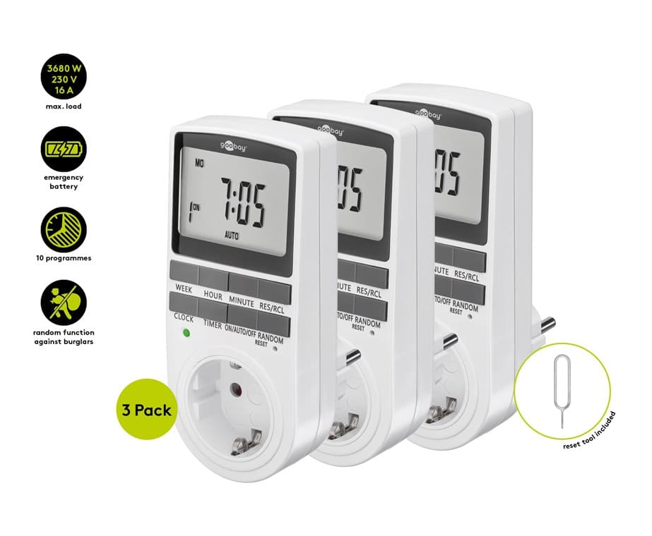 Minuterie numérique Goobay, lot de 3 - minuterie programmable avec connexion par contact de protection (type F)