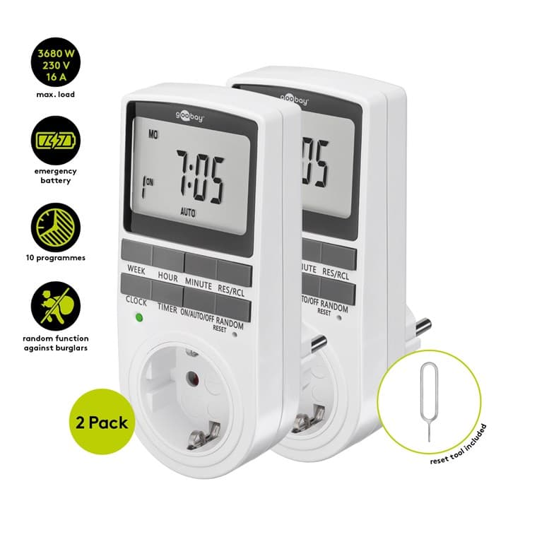 Minuterie numérique Goobay, lot de 2 - minuterie programmable avec connexion par contact de protection (type F)